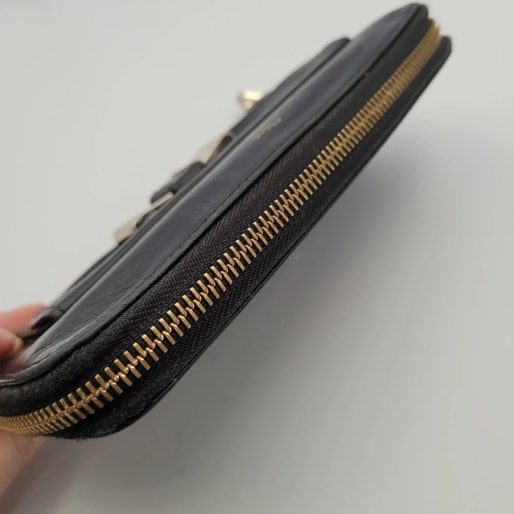 Chloe Black Leather Bobbie Zip Around Wallet Gold Metal Bow Large Long Wallet